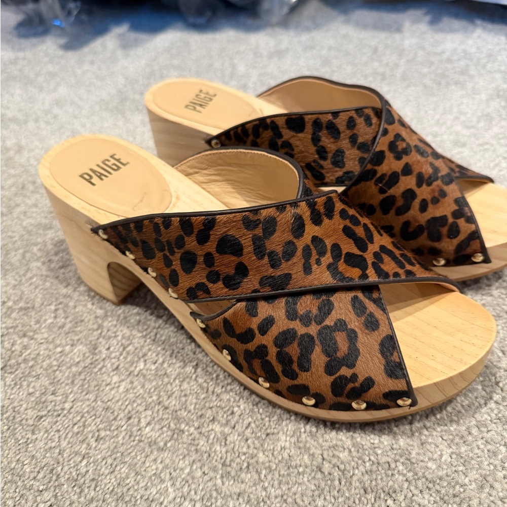 PAIGE Leopard Print Crossover Wood Heel Mules - Brown/Black 9.5